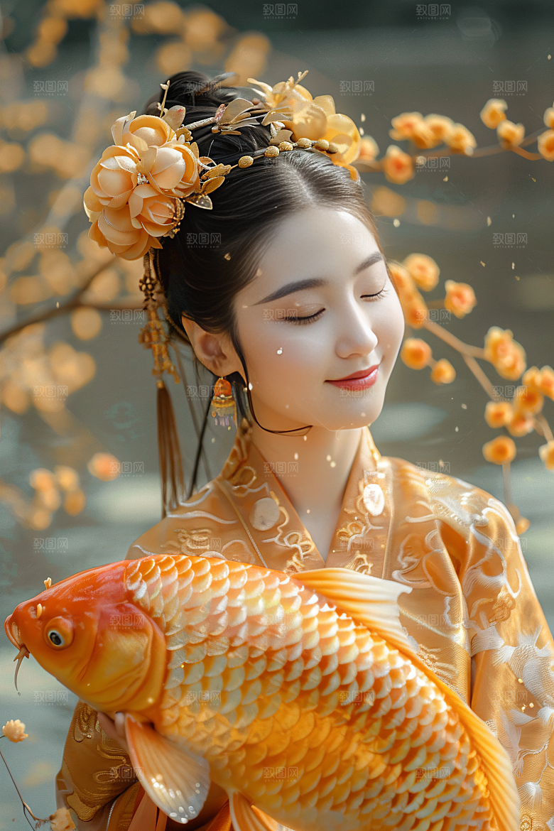 锦鲤汉服美女金鱼唯美素材
