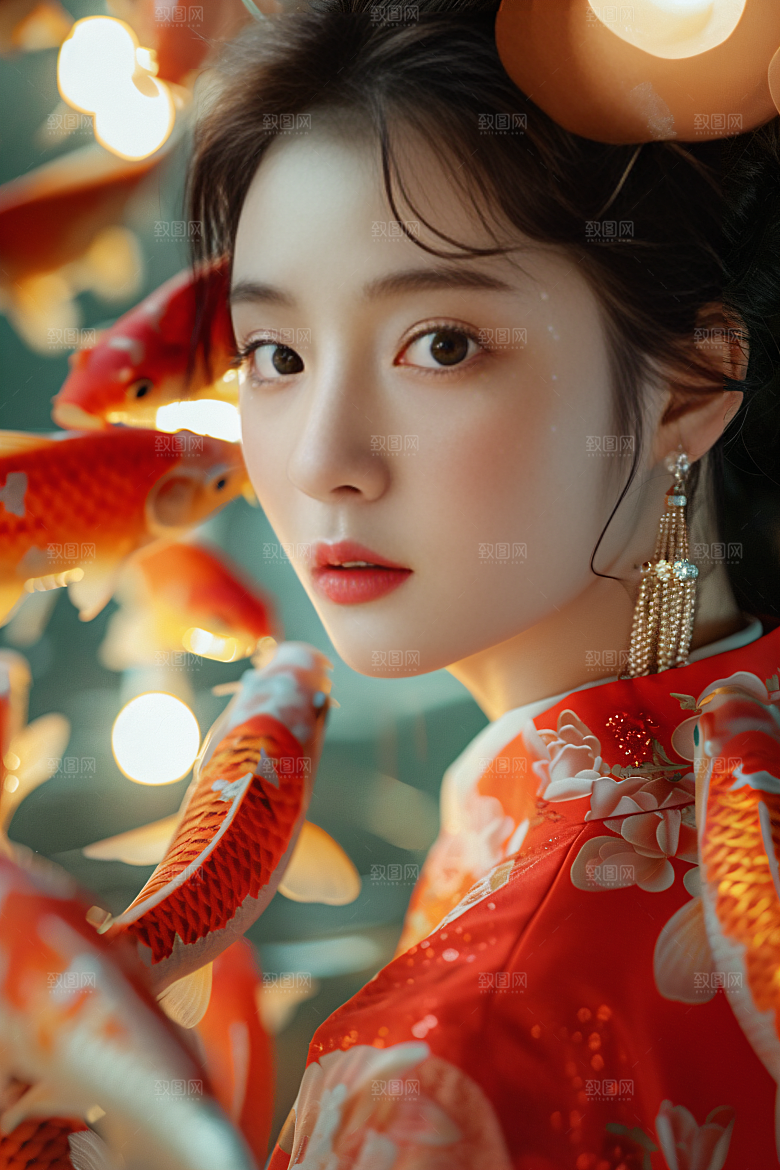 锦鲤汉服美女古风吉祥素材
