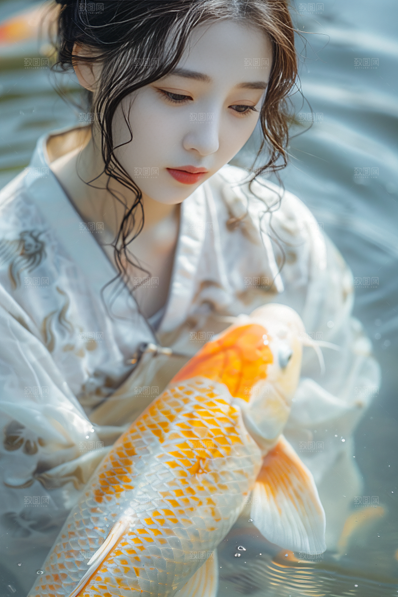 锦鲤汉服美女金鱼中国风素材