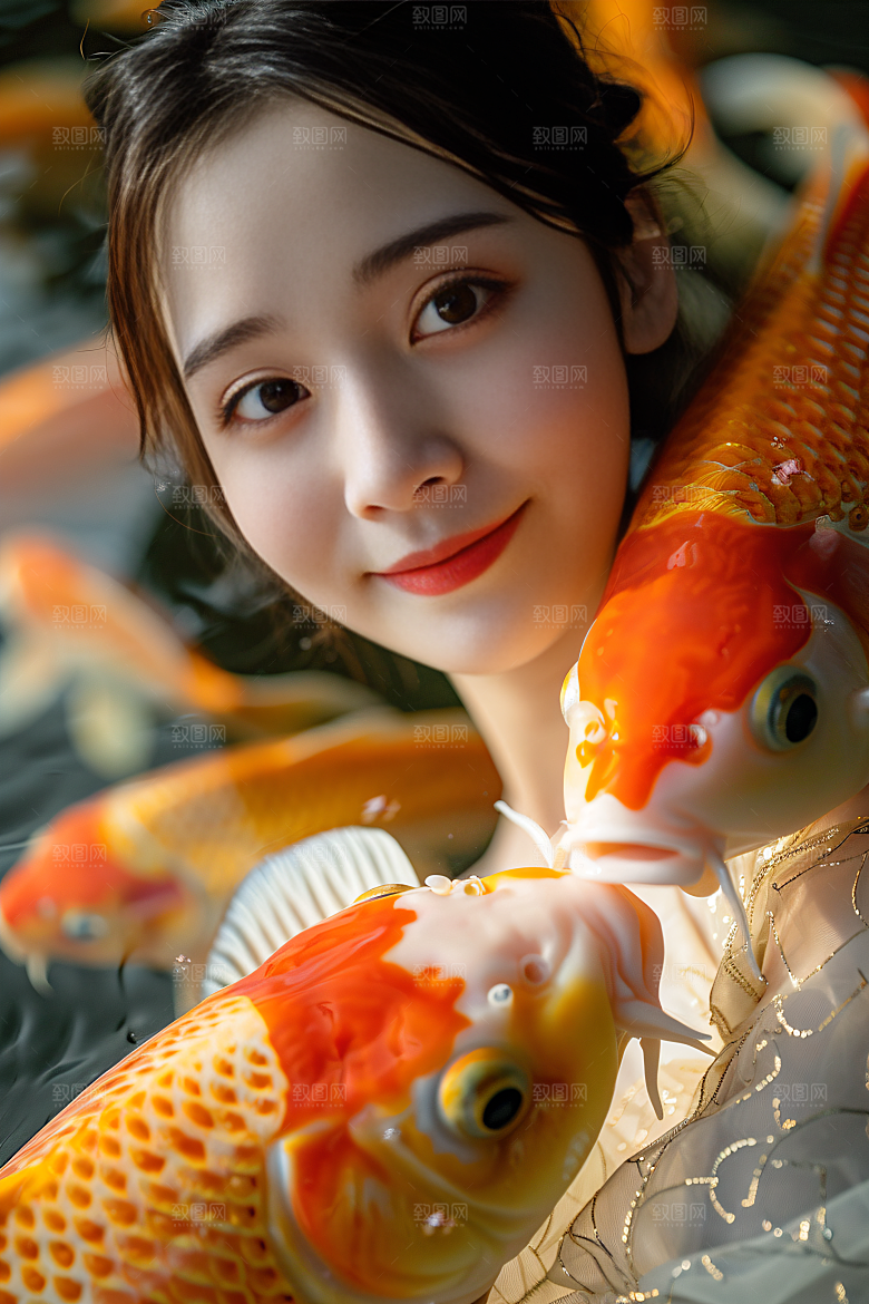 锦鲤汉服美女肖像古风素材