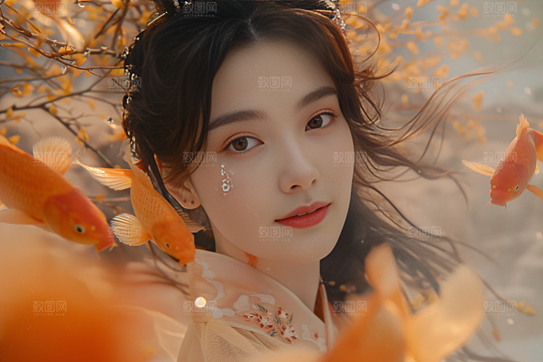 锦鲤汉服美女唯美精致素材
