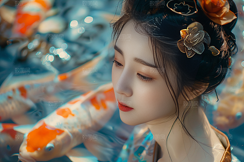 锦鲤汉服美女中国风优雅素材