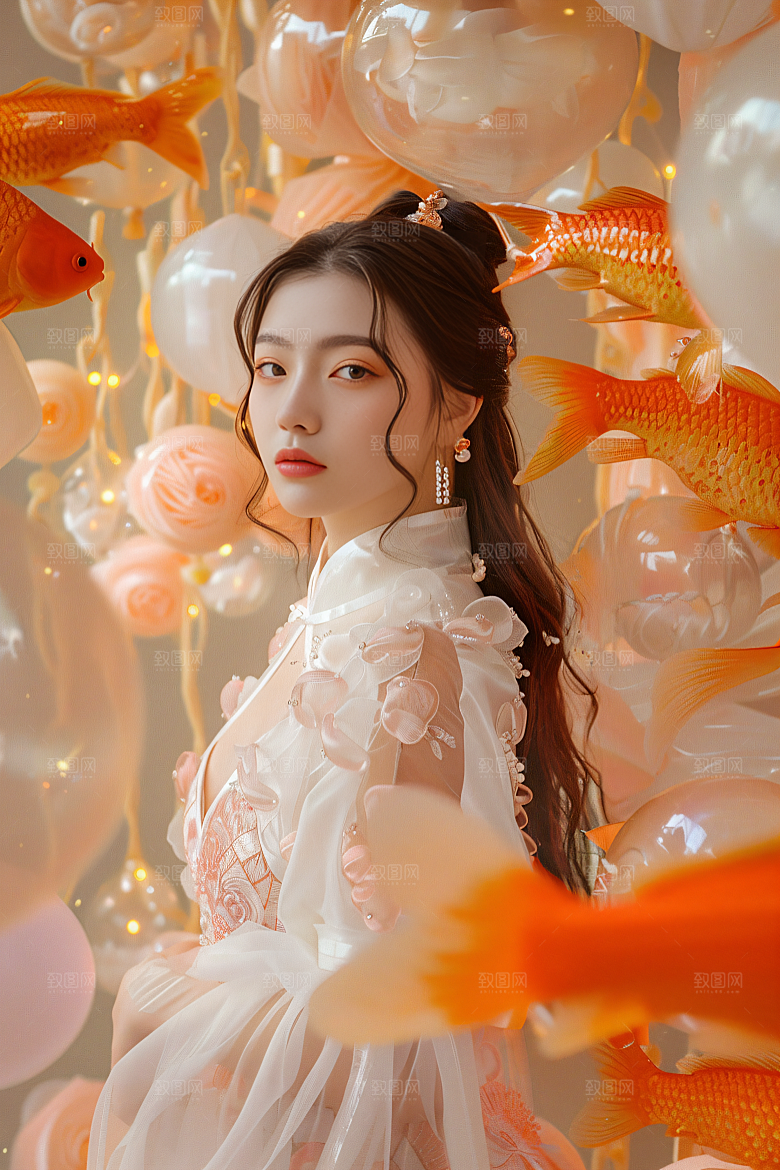 锦鲤汉服美女人像金鱼素材