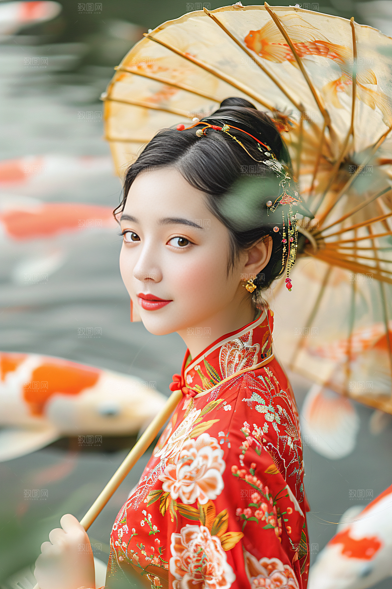 锦鲤汉服美女肖像古风素材