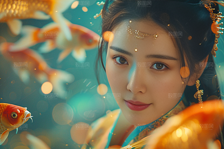 锦鲤汉服美女人像古风素材