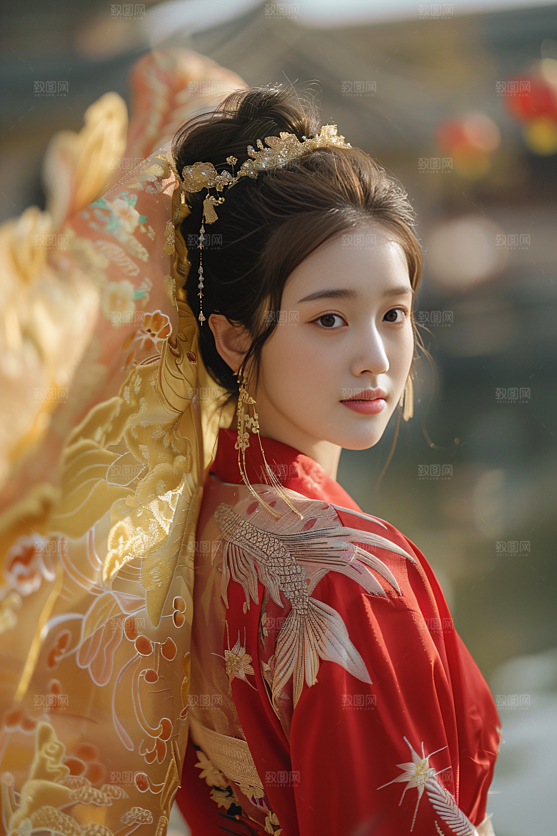 锦鲤汉服美女中国风优雅素材