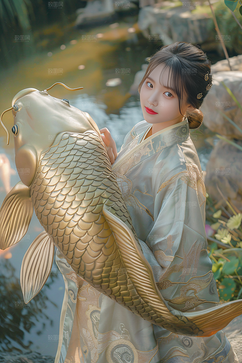 锦鲤汉服美女高清优雅素材