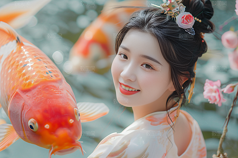 锦鲤汉服美女中国风人像素材