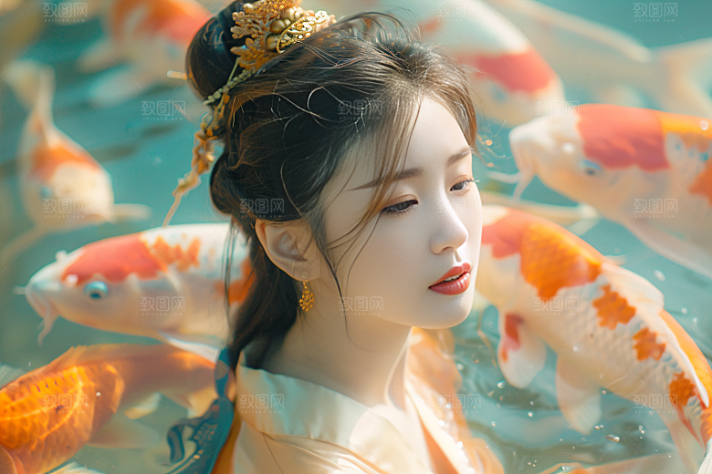 锦鲤汉服美女中国风精致素材
