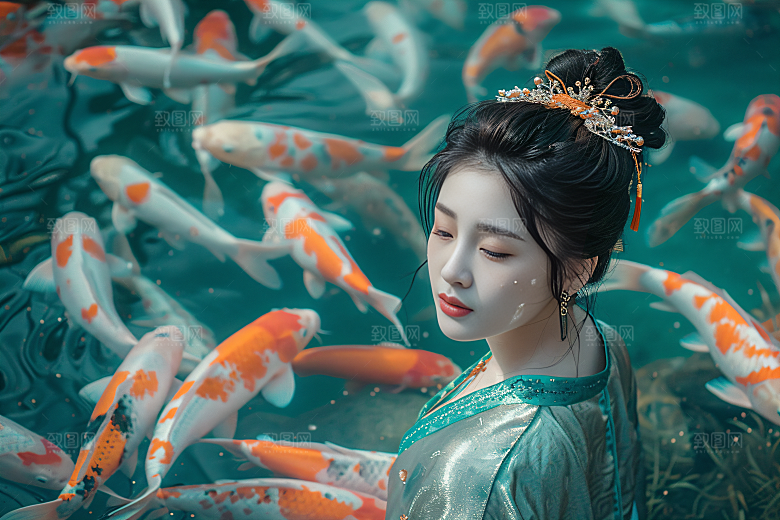 锦鲤汉服美女古风金鱼素材