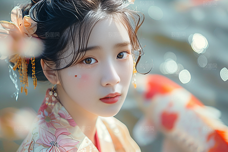 锦鲤汉服美女古风肖像素材