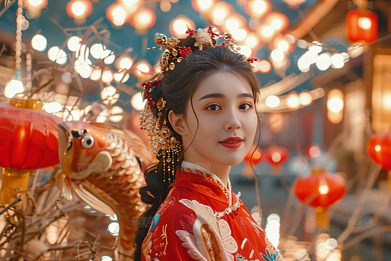 锦鲤汉服美女人像金鱼素材