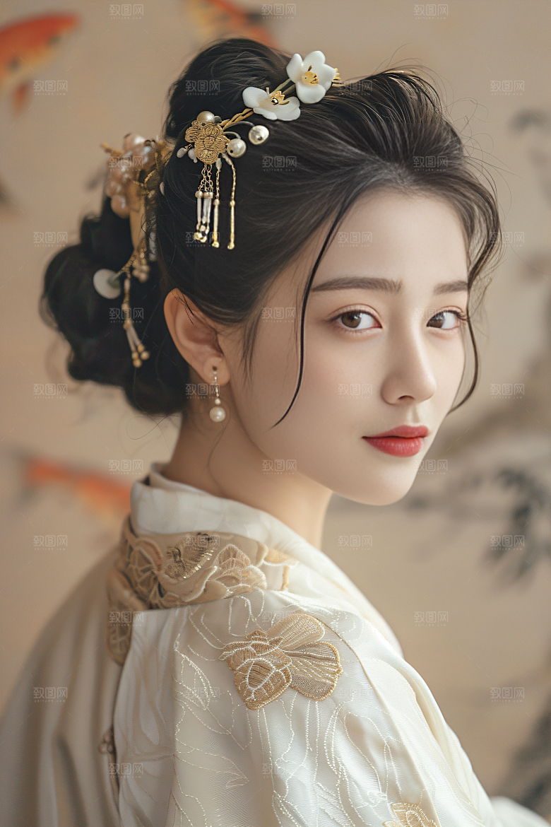 锦鲤汉服美女传统优雅素材