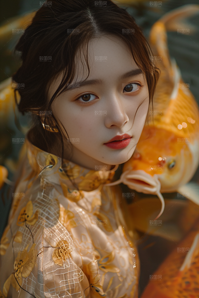 锦鲤汉服美女唯美人像素材