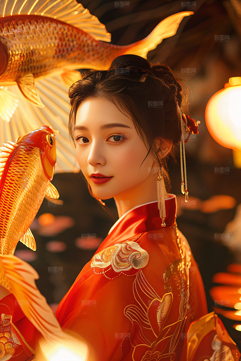 锦鲤汉服美女传统高清素材