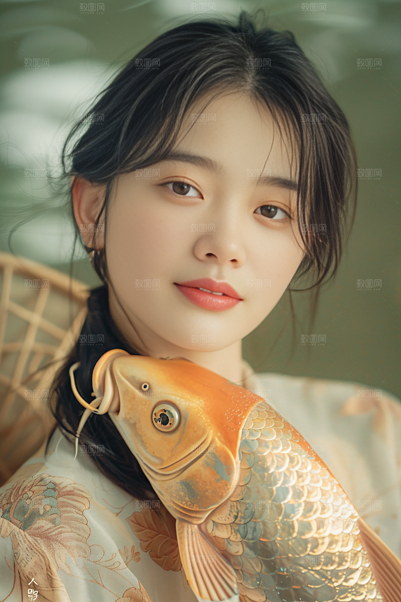 锦鲤汉服美女人像传统素材
