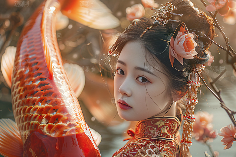 锦鲤汉服美女金鱼精致素材