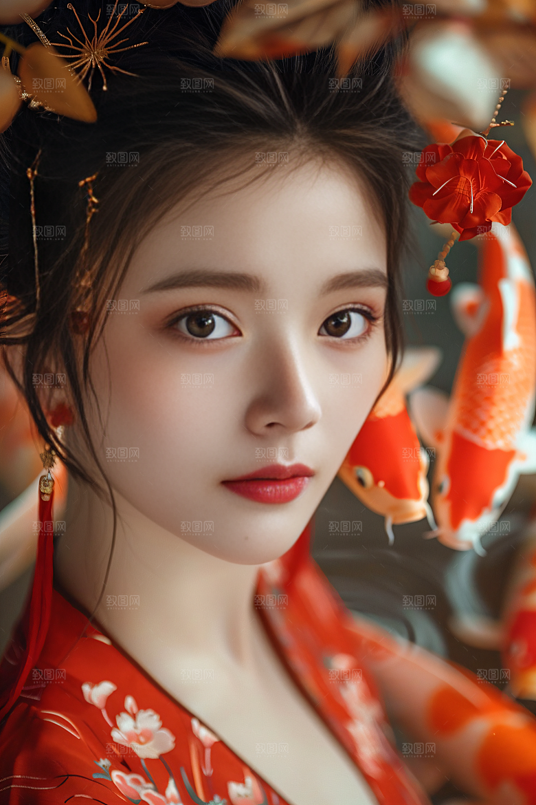锦鲤汉服美女传统古风素材