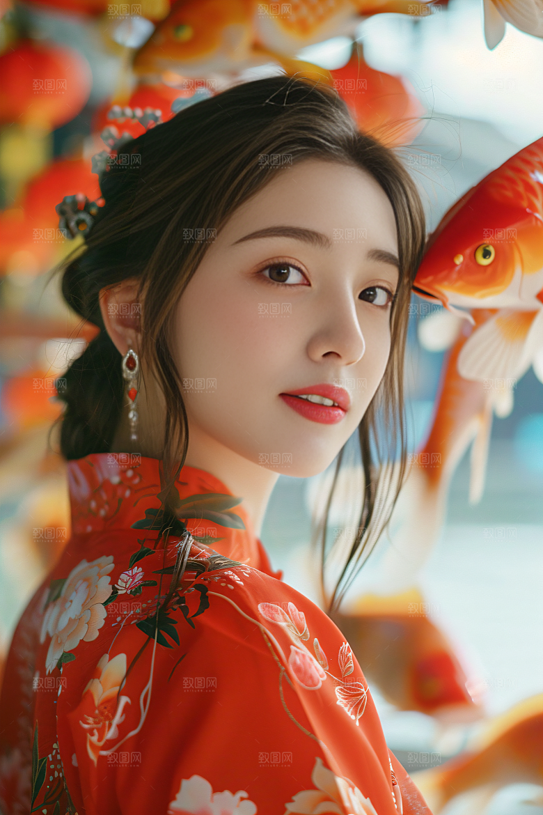 锦鲤汉服美女吉祥精致素材