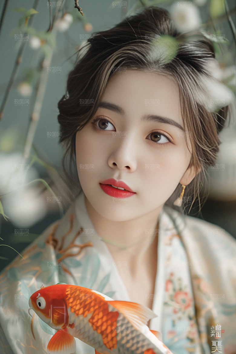 锦鲤汉服美女吉祥中国风素材