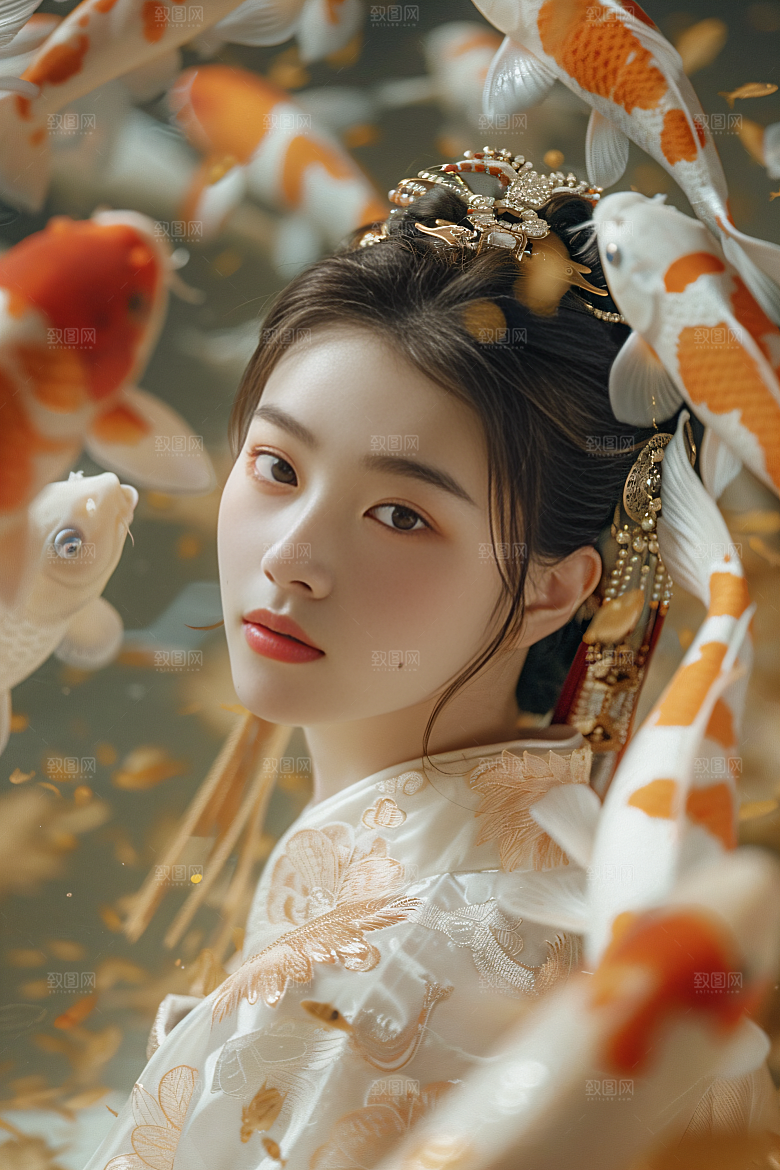锦鲤汉服美女金鱼优雅素材