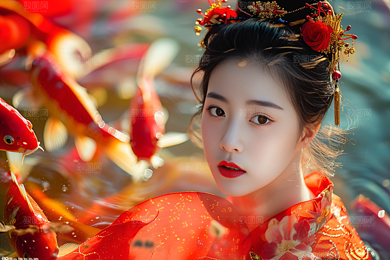 锦鲤汉服美女唯美吉祥素材