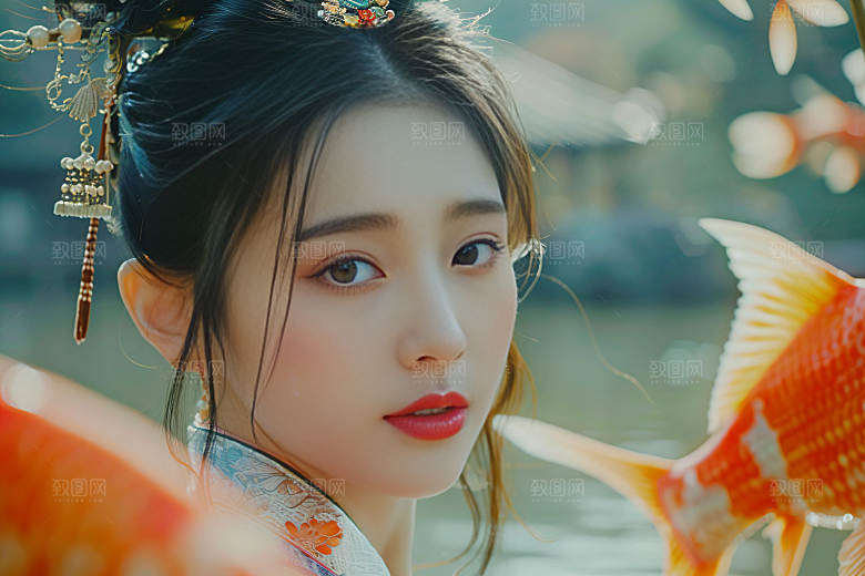 锦鲤汉服美女吉祥高清素材