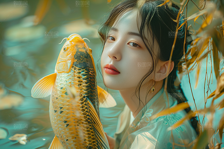 锦鲤汉服美女肖像吉祥素材
