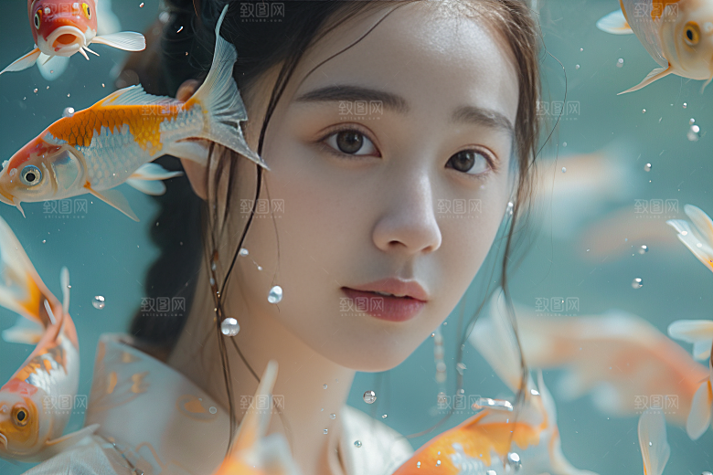 锦鲤汉服美女精致中国风素材