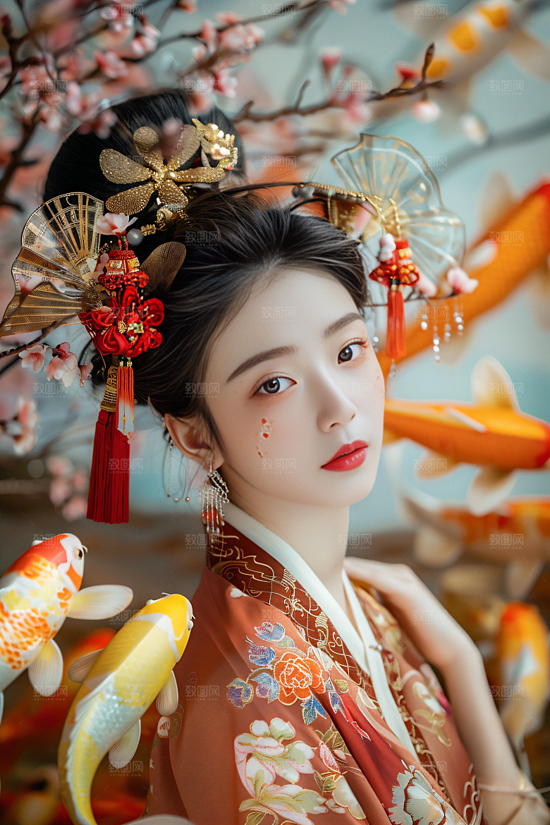 锦鲤汉服美女吉祥肖像素材