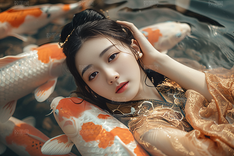 锦鲤汉服美女高清优雅素材