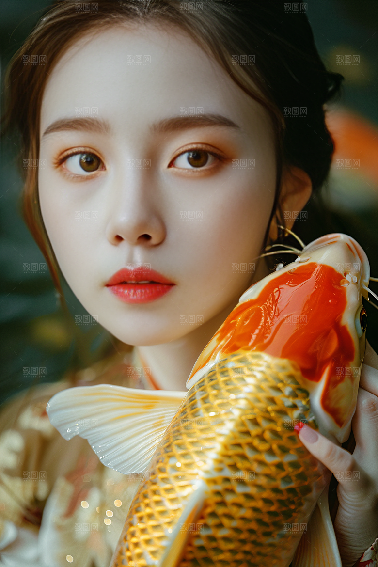 锦鲤汉服美女吉祥优雅素材