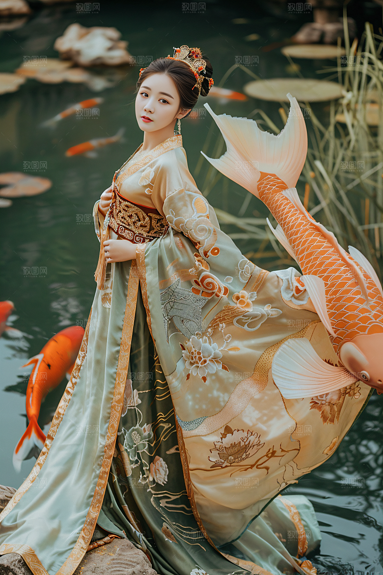 锦鲤汉服美女优雅中国风素材