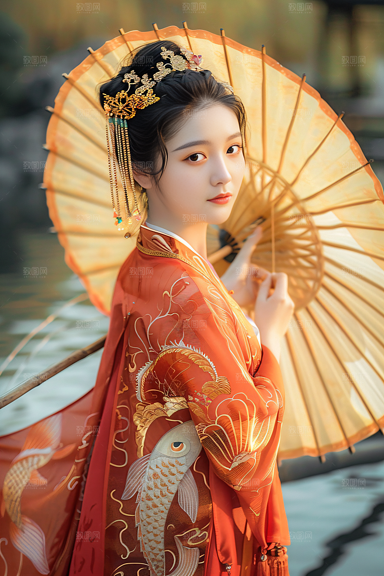 锦鲤汉服美女古风传统素材