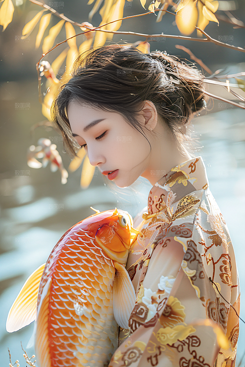 锦鲤汉服美女肖像传统素材