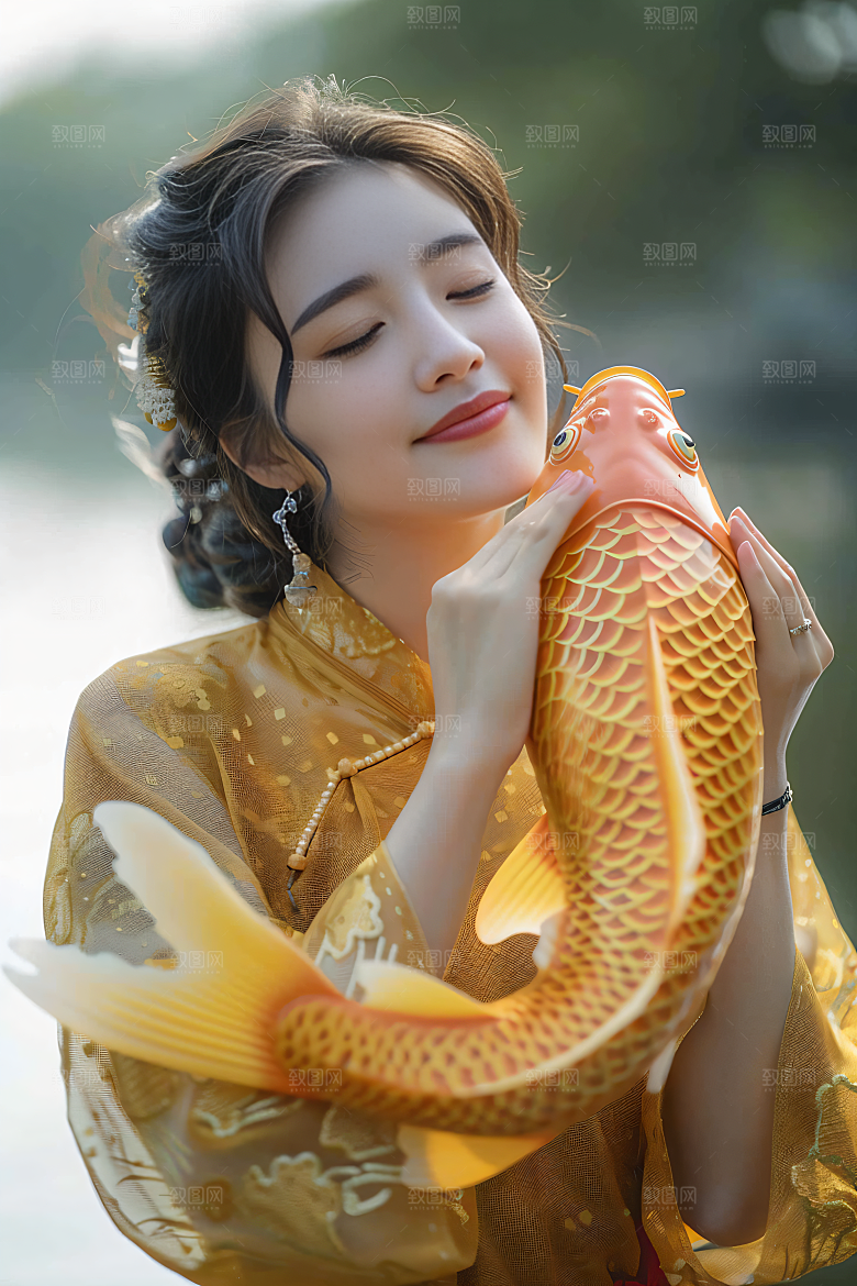 锦鲤汉服美女中国风肖像素材