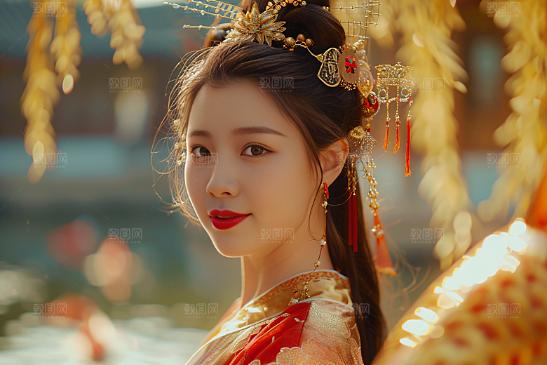锦鲤汉服美女金鱼传统素材