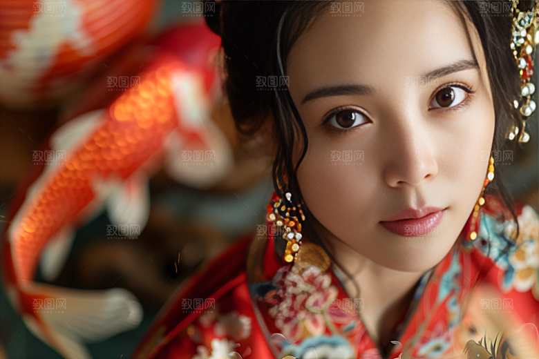 锦鲤汉服美女吉祥古风素材