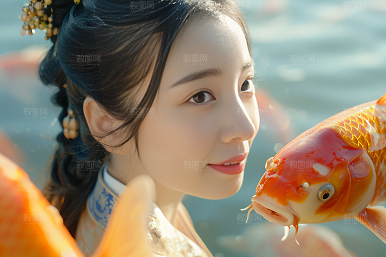 锦鲤汉服美女肖像优雅素材