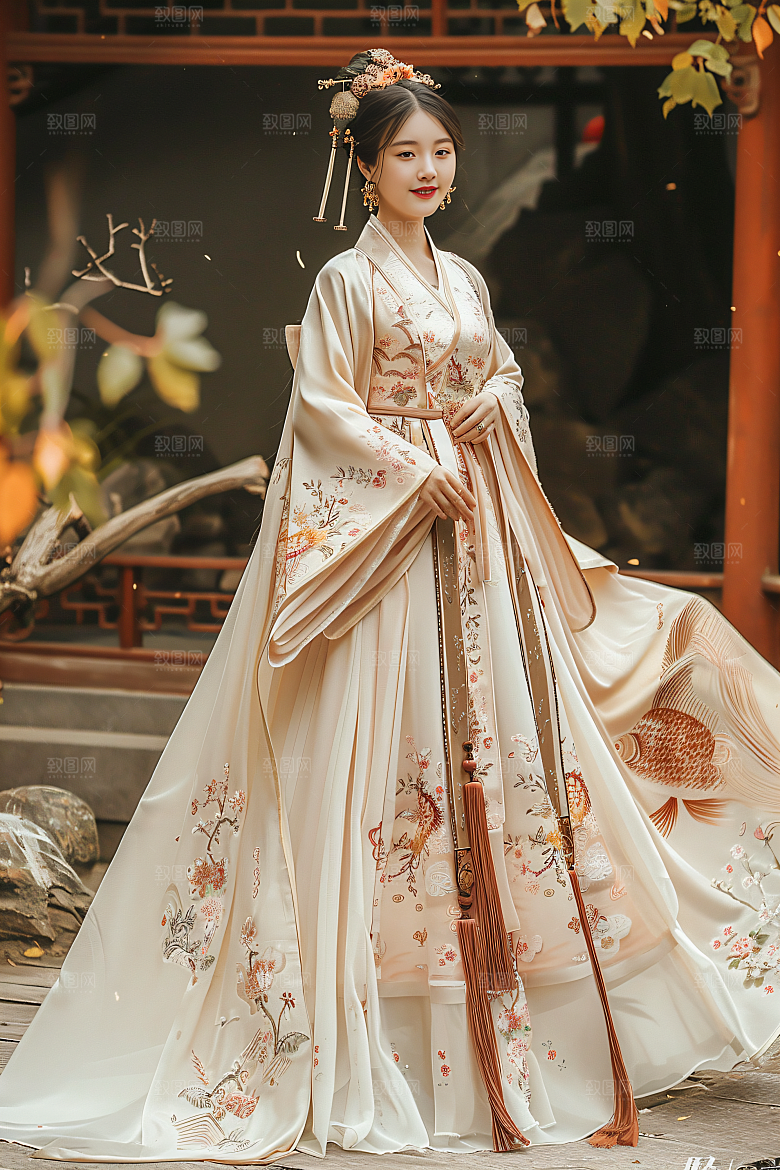 锦鲤汉服美女优雅传统素材