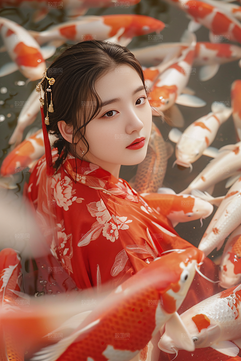 锦鲤汉服美女唯美人像素材