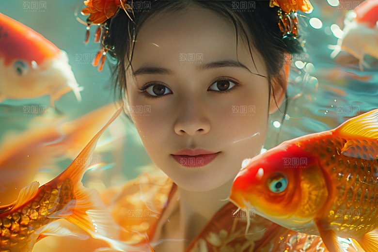锦鲤汉服美女金鱼中国风素材
