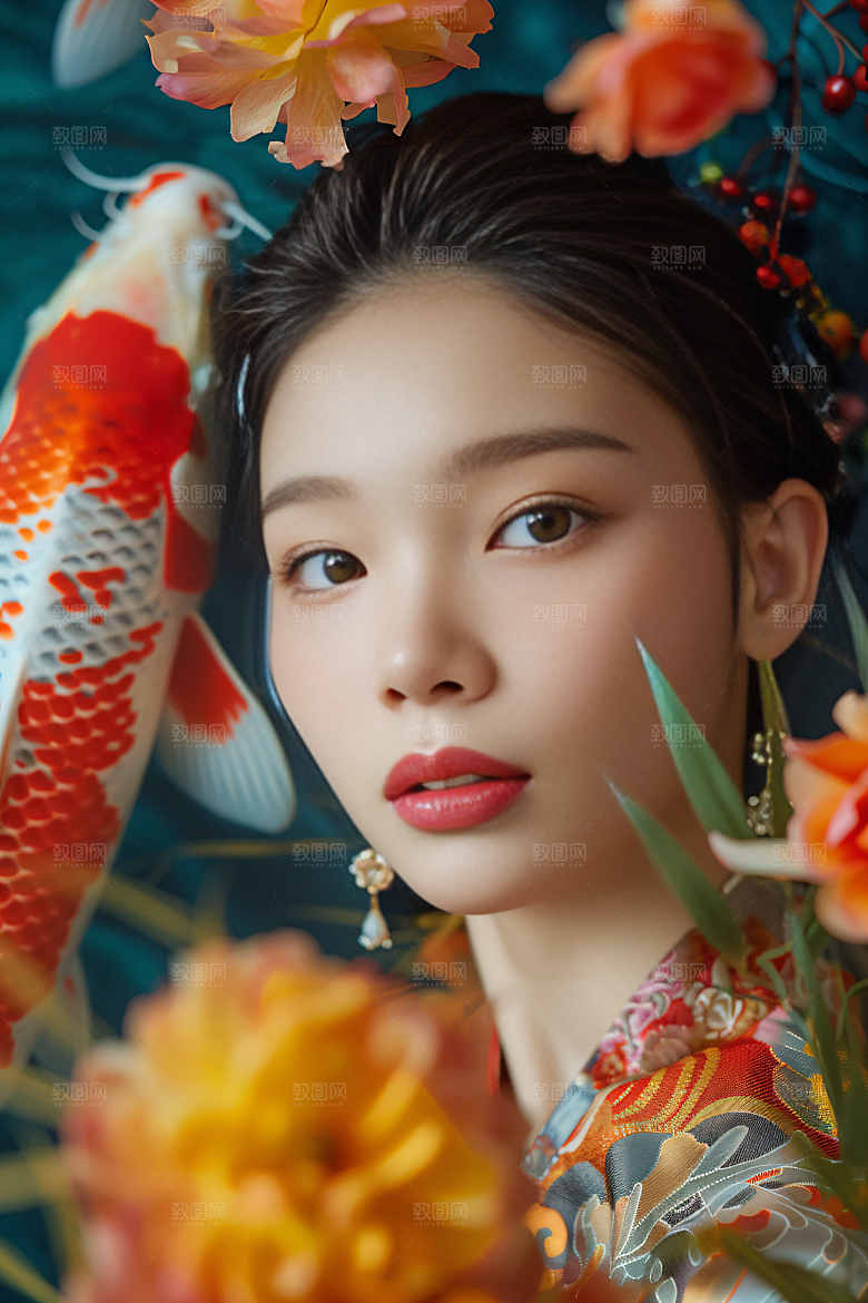 锦鲤汉服美女精致吉祥素材
