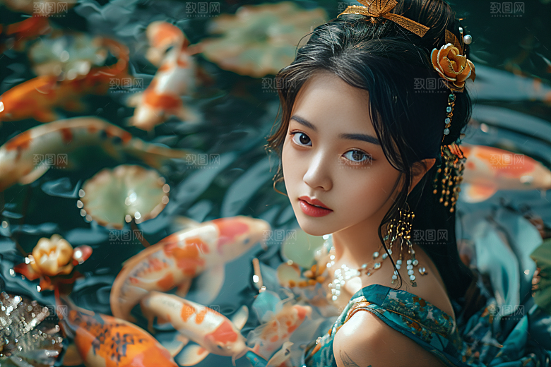 锦鲤汉服美女唯美肖像素材
