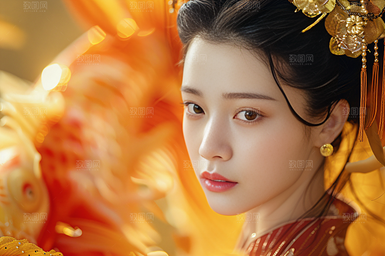 锦鲤汉服美女肖像吉祥素材