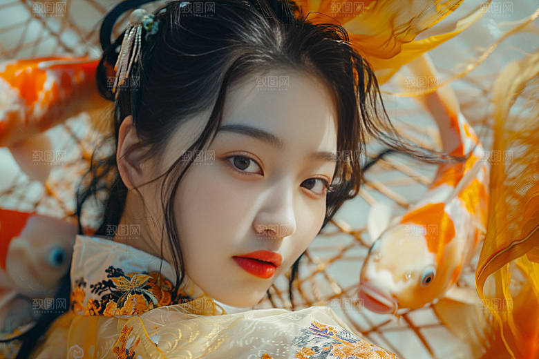锦鲤汉服美女人像唯美素材