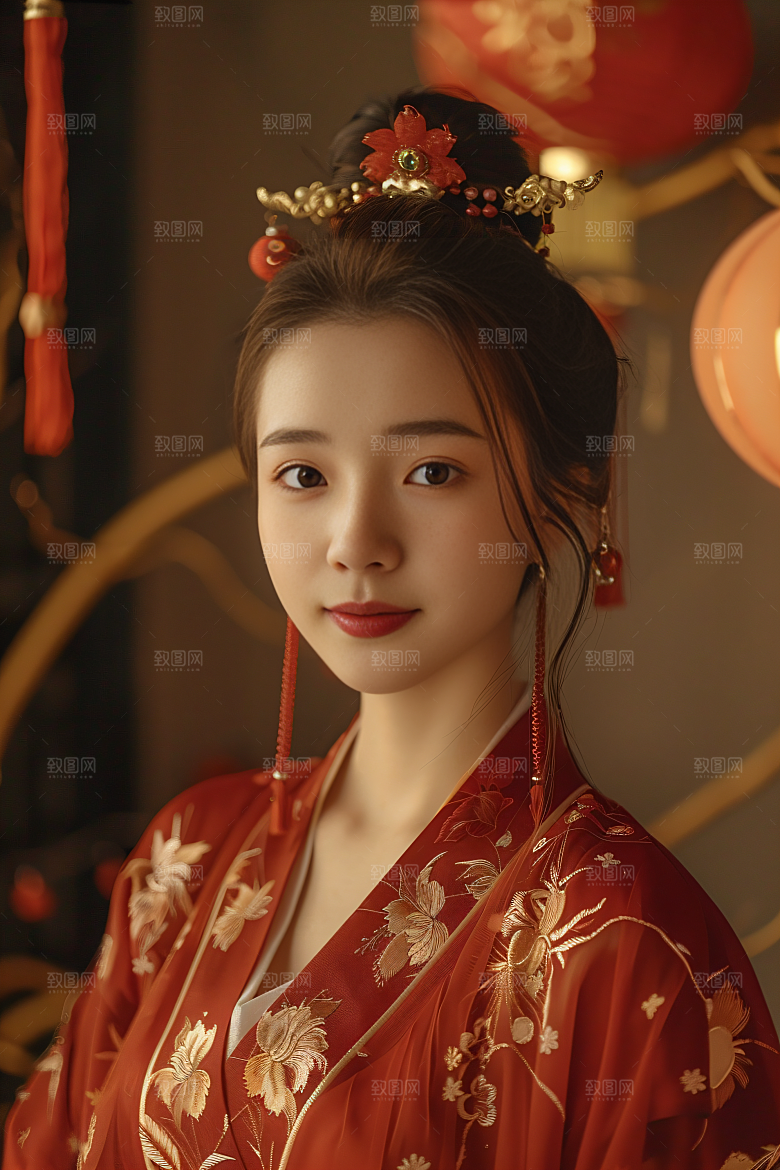 锦鲤汉服美女唯美高清素材