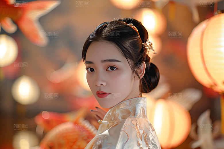 锦鲤汉服美女精致古风素材