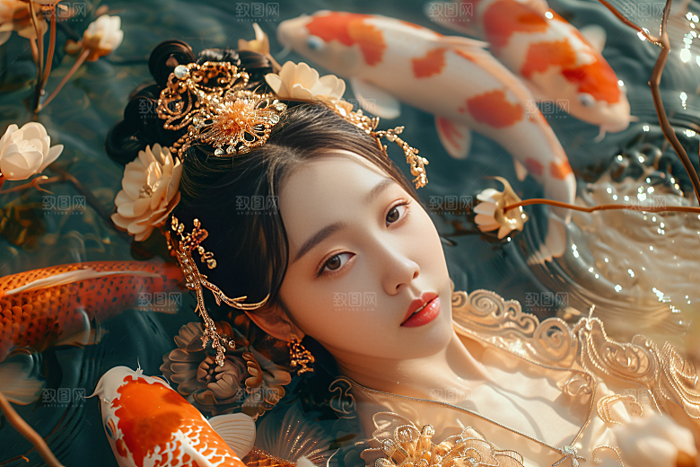 锦鲤汉服美女金鱼吉祥素材