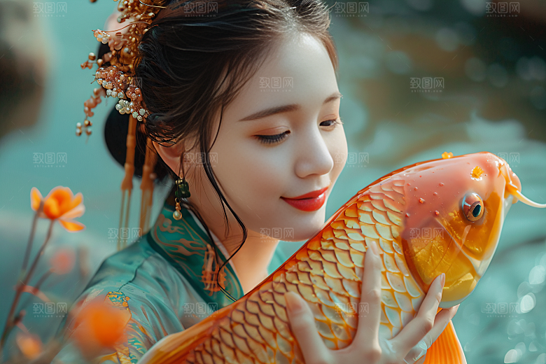 锦鲤汉服美女唯美古风素材